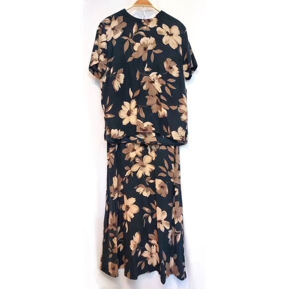 Vintage 90's Jones New York Silk Floral Black Brown Tan Two Piece Midi Skirt Set - Picture 1 of 11